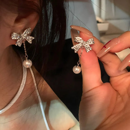 Sweet Geometric Flower Bow Knot Imitation Pearl Alloy Inlay Rhinestones Women'S Earrings 1 Pair