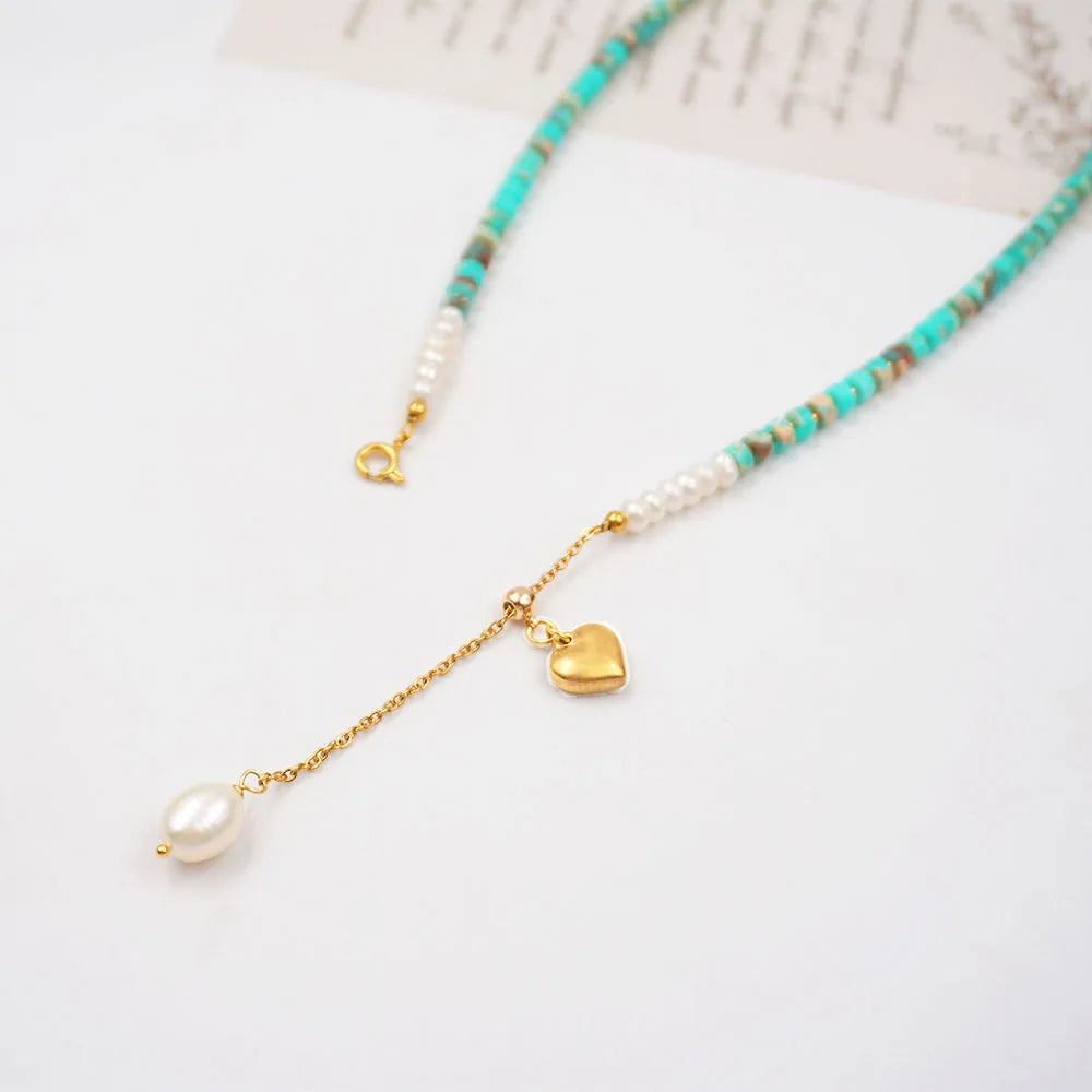 Sweet Geometric Leaves Gold Plated 304 Stainless Steel Turquoise Freshwater Pearl Wholesale Pendant Necklace