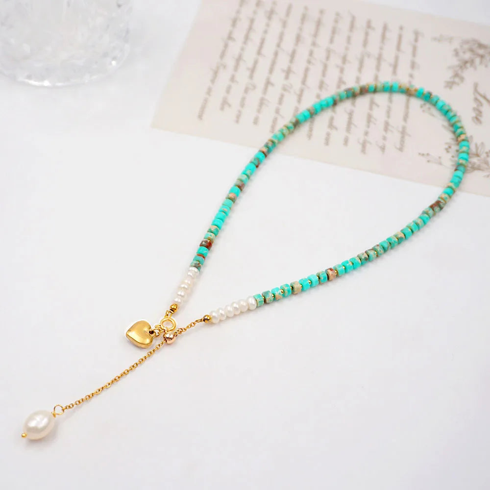 Sweet Geometric Leaves Gold Plated 304 Stainless Steel Turquoise Freshwater Pearl Wholesale Pendant Necklace