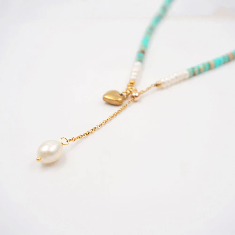 Sweet Geometric Leaves Gold Plated 304 Stainless Steel Turquoise Freshwater Pearl Wholesale Pendant Necklace