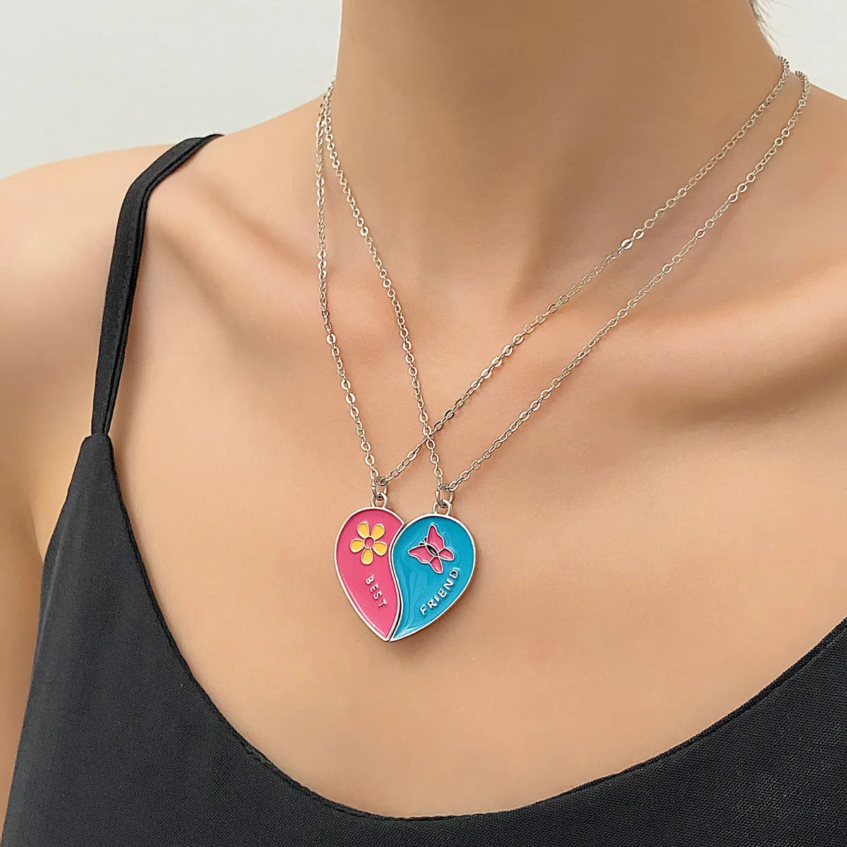 Sweet Heart Shape Alloy Enamel Couple Pendant Necklace