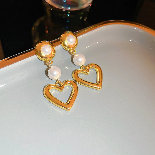 Sweet Heart Shape Alloy Inlay Pearl Women's Drop Earrings