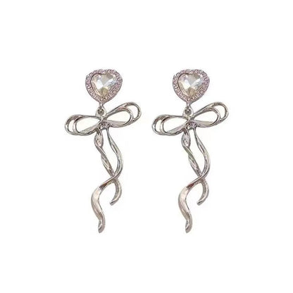 Sweet Heart Shape Bow Knot Alloy Inlay Rhinestones Women's Drop Earrings