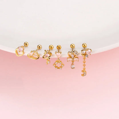 Sweet Heart Shape Bow Knot Stainless Steel Plating Zircon Ear Studs 1 Piece