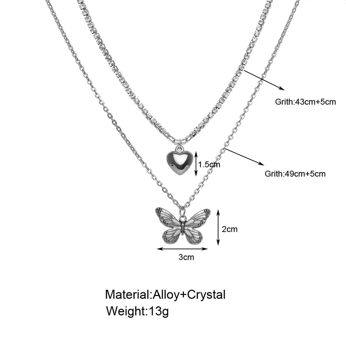 Sweet Heart Shape Butterfly Alloy Layered Plating Pendant Necklace 1 Piece