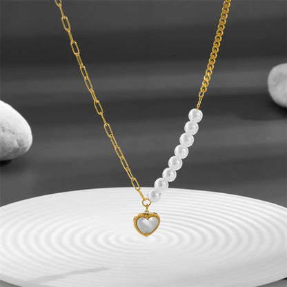 Sweet Heart Shape Butterfly Artificial Pearl Titanium Steel Inlay Shell 18k Gold Plated Pendant Necklace