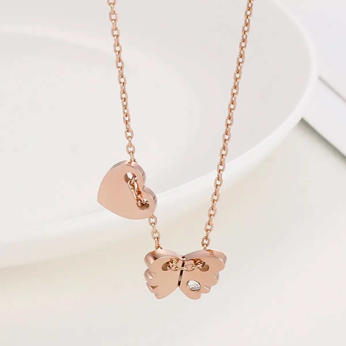 Sweet Heart Shape Butterfly Stainless Steel Plating Rhinestones Necklace 1 Piece