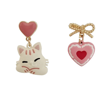 Sweet Heart Shape Cat Bow Knot Alloy Enamel Women'S Drop Earrings Ear Clips 1 Pair