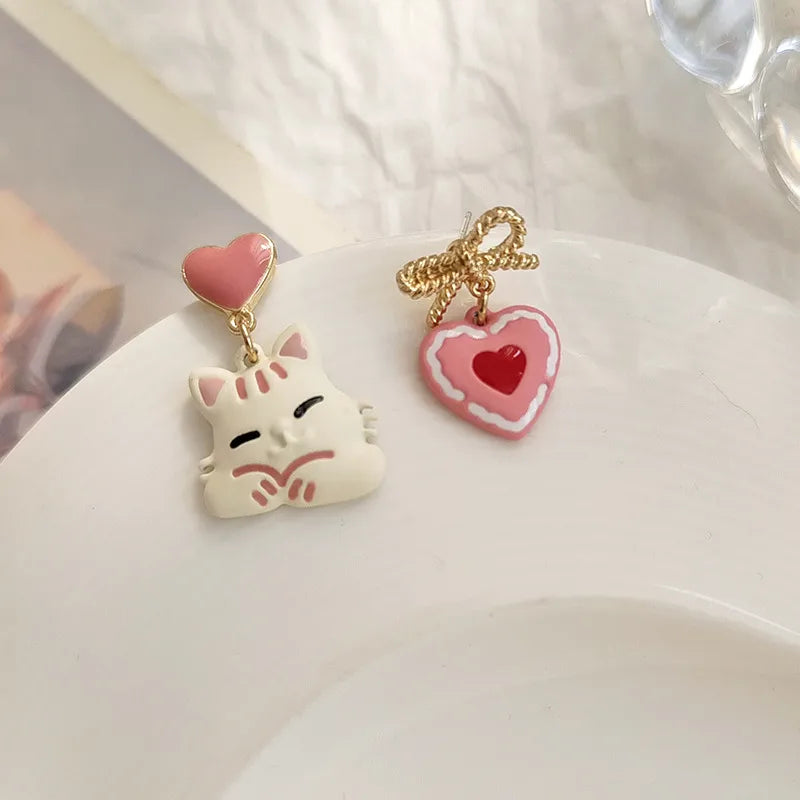 Sweet Heart Shape Cat Bow Knot Alloy Enamel Women'S Drop Earrings Ear Clips 1 Pair