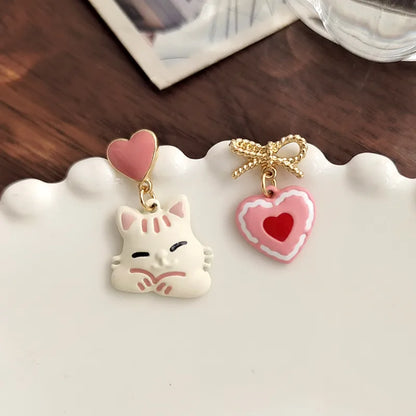 Sweet Heart Shape Cat Bow Knot Alloy Enamel Women'S Drop Earrings Ear Clips 1 Pair