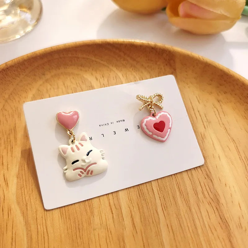 Sweet Heart Shape Cat Bow Knot Alloy Enamel Women'S Drop Earrings Ear Clips 1 Pair