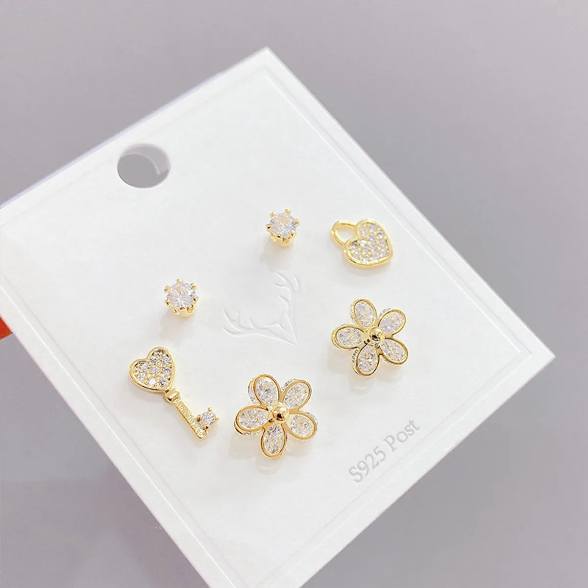 Sweet Heart Shape Flower Copper Ear Studs Asymmetrical Inlay Zircon Copper Earrings 3 Pairs