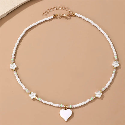 Sweet Heart Shape Flower Glass Seed Bead Beaded Women's Pendant Necklace