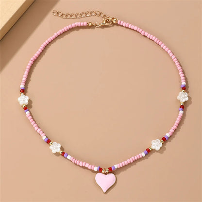 Sweet Heart Shape Flower Glass Seed Bead Beaded Women's Pendant Necklace