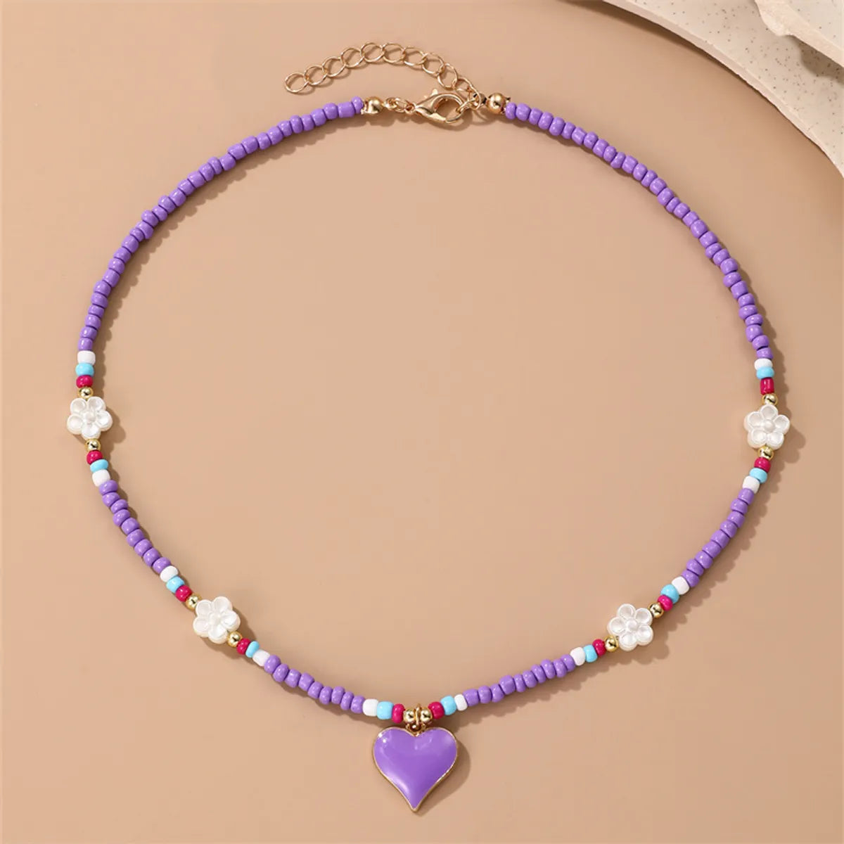 Sweet Heart Shape Flower Glass Seed Bead Beaded Women's Pendant Necklace