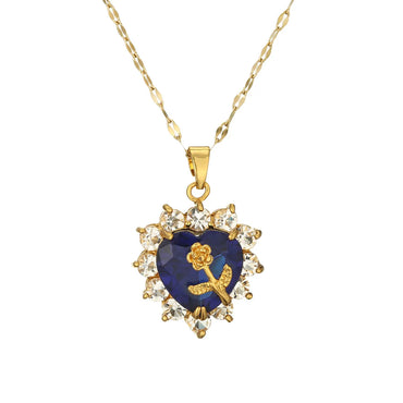 Sweet Heart Shape Flower Stainless Steel Copper Plating Inlay Zircon Gold Plated Pendant Necklace