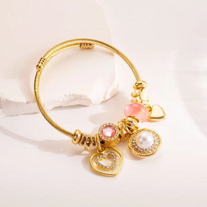 Sweet Heart Shape Pearl 304 Stainless Steel Alloy Gold Plated Rhinestones Pearl Bangle In Bulk