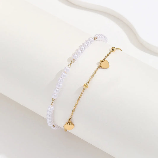 Sweet Heart Shape Stainless Steel Artificial Pearl Beaded Plating 18k Gold Plated Women'S Anklet