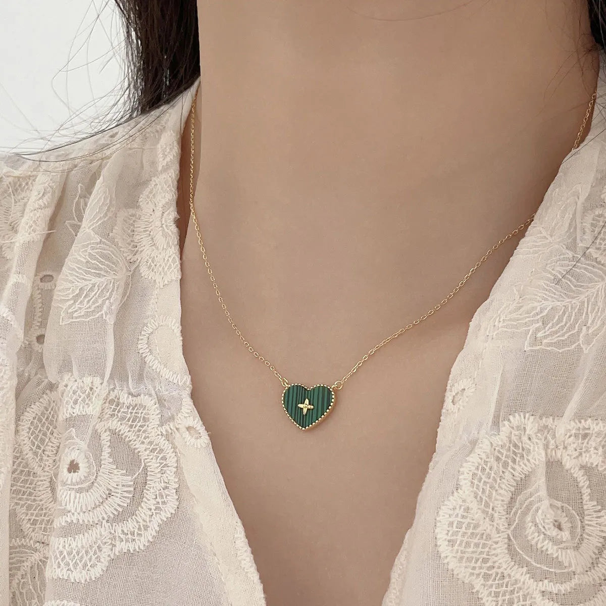 Sweet Heart Shape Sterling Silver Inlay Artificial Gemstones Pendant Necklace