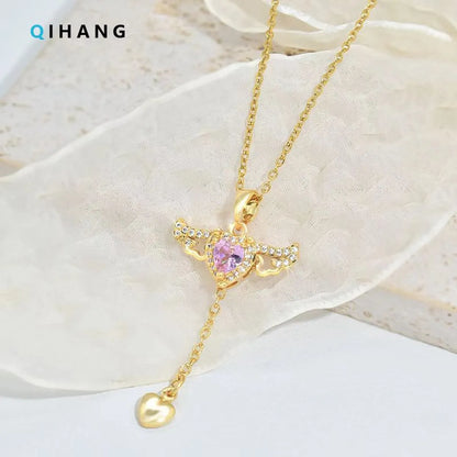 Sweet Heart Shape Titanium Steel Inlay Zircon Pendant Necklace