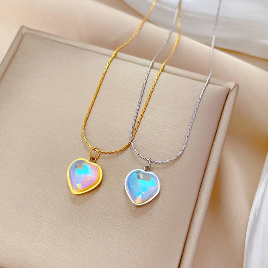 Sweet Heart Shape Titanium Steel Plating Inlay Artificial Gemstones Pendant Necklace