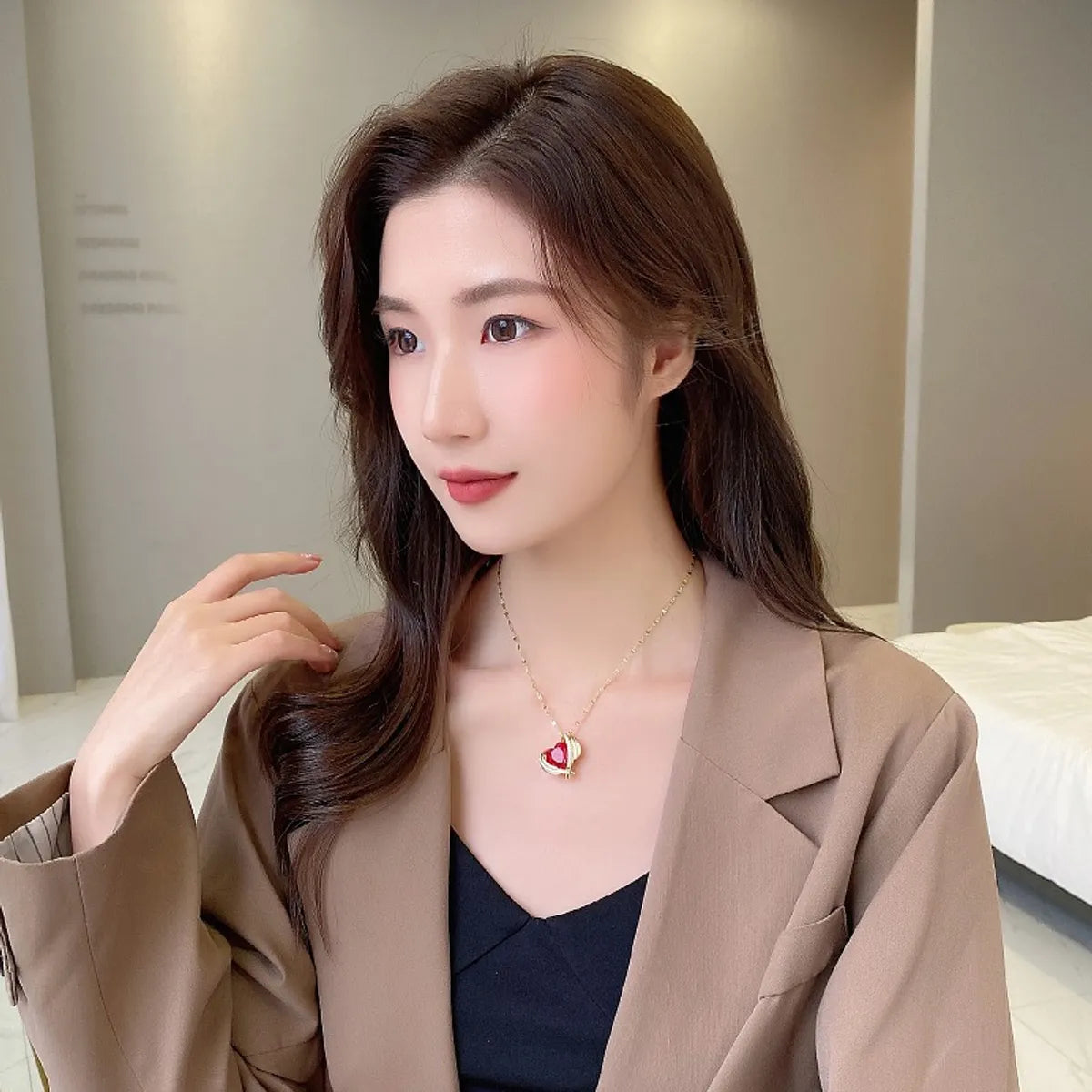 Sweet Heart Shape Titanium Steel Plating Inlay Zircon Pendant Necklace