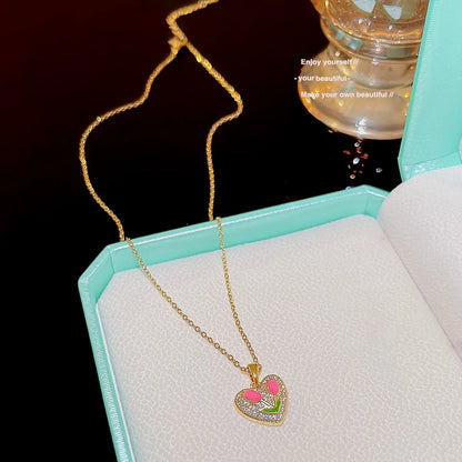 Sweet Heart Shape Tulip Titanium Steel Plating 18k Gold Plated Pendant Necklace