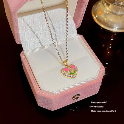 Sweet Heart Shape Tulip Titanium Steel Plating 18k Gold Plated Pendant Necklace