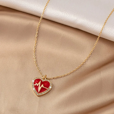 Sweet Korean Style Electrocardiogram Heart Shape Wings Rhinestones Pearl Alloy Wholesale Pendant Necklace