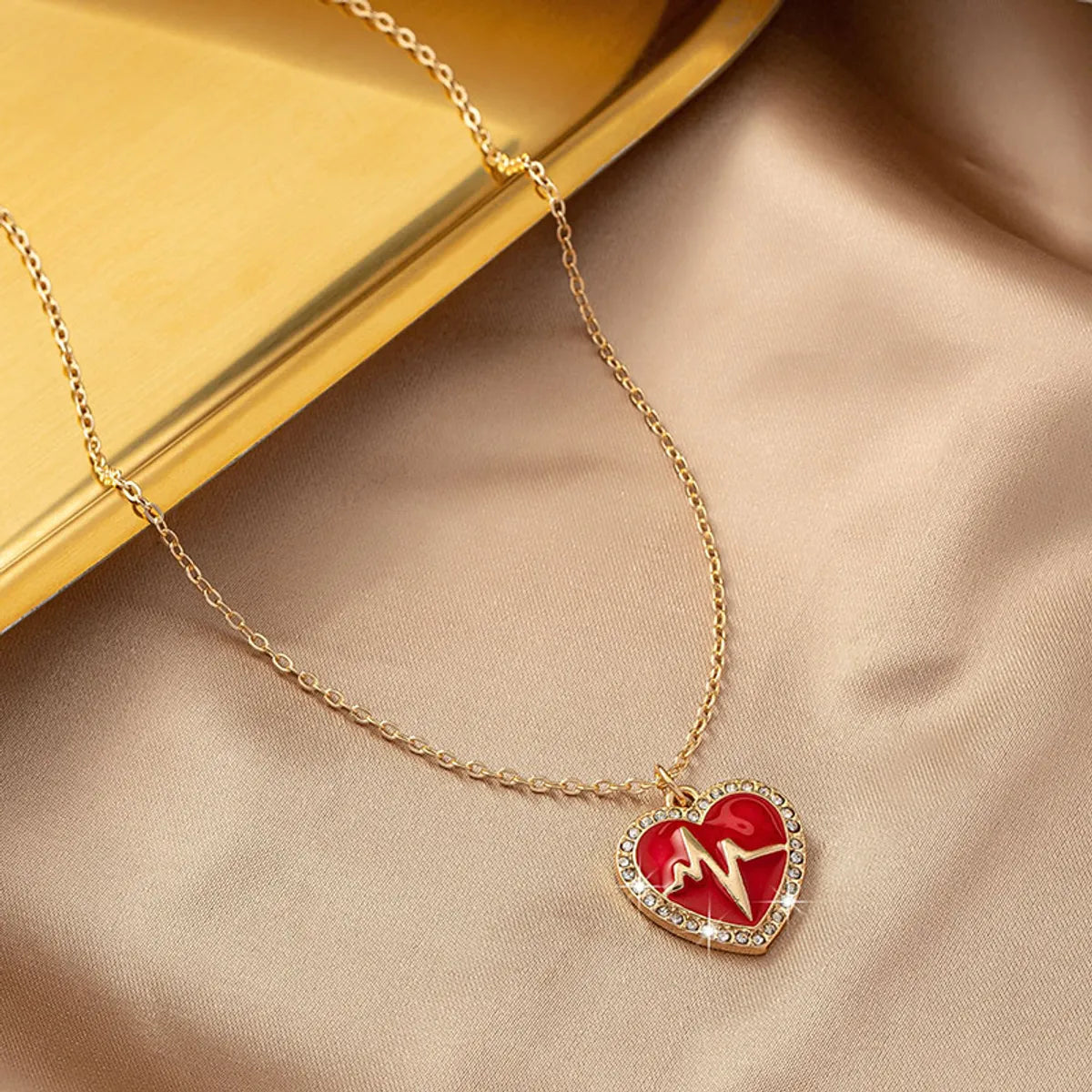 Sweet Korean Style Electrocardiogram Heart Shape Wings Rhinestones Pearl Alloy Wholesale Pendant Necklace