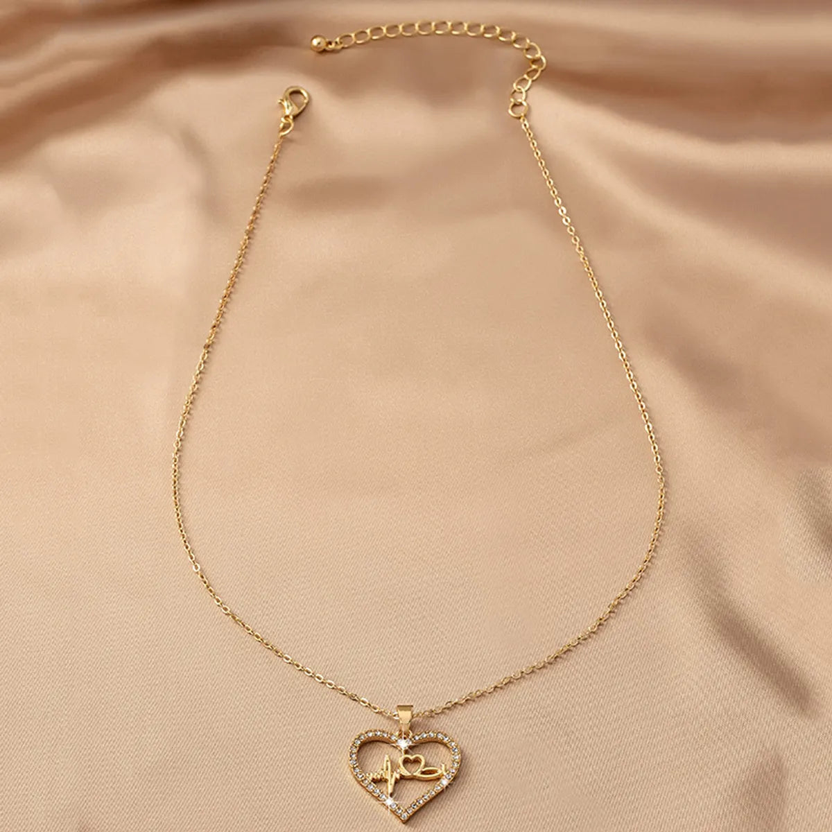 Sweet Korean Style Electrocardiogram Heart Shape Wings Rhinestones Pearl Alloy Wholesale Pendant Necklace