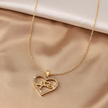 Sweet Korean Style Electrocardiogram Heart Shape Wings Rhinestones Pearl Alloy Wholesale Pendant Necklace