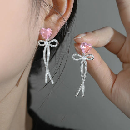 Sweet Korean Style Heart Shape Bow Knot Alloy Plating Inlay Rhinestones Women's Drop Earrings