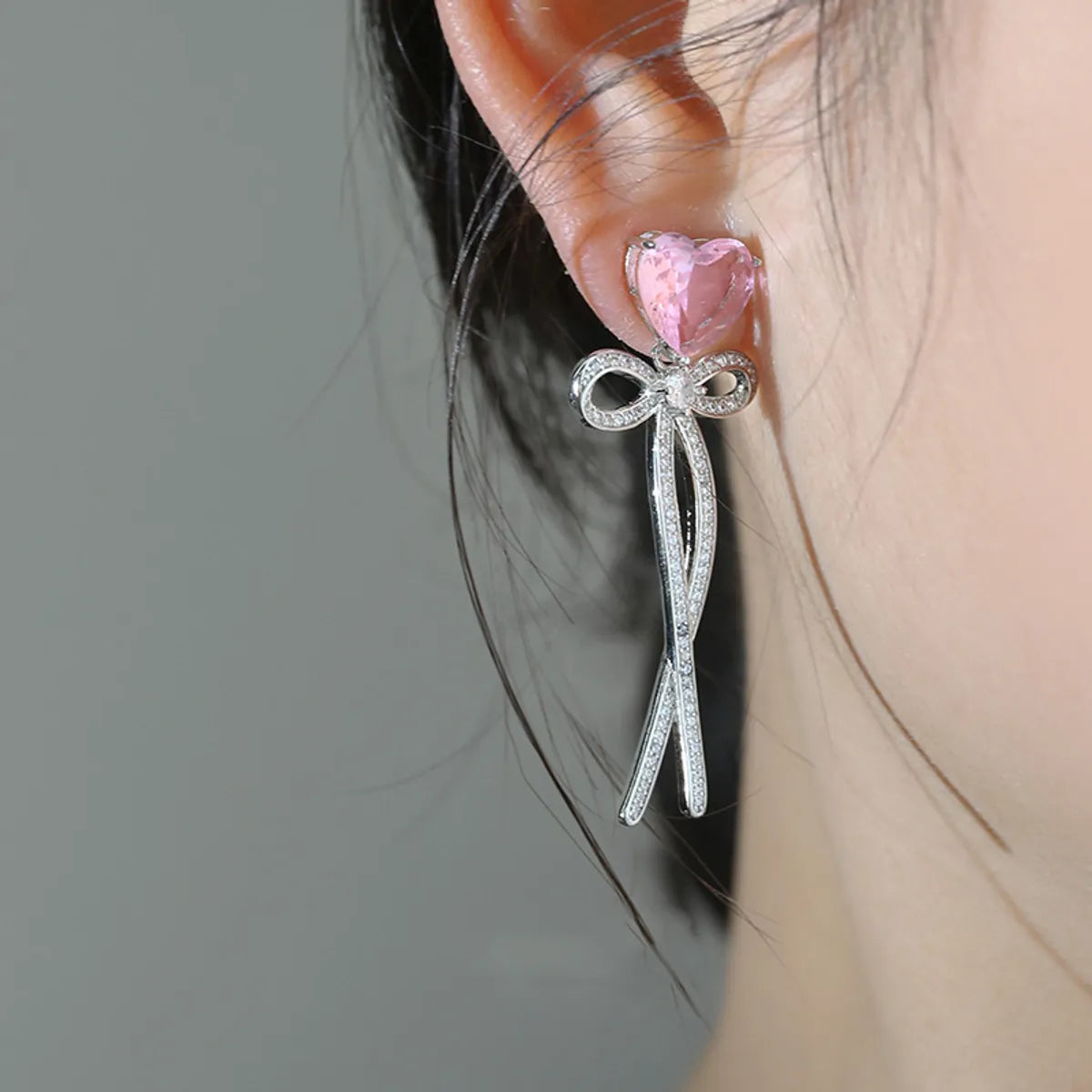 Sweet Korean Style Heart Shape Bow Knot Alloy Plating Inlay Rhinestones Women's Drop Earrings