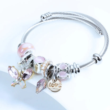 Sweet Love Butterfly Titanium Steel Plating Artificial Crystal Artificial Pearls Bangle