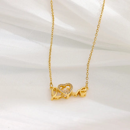 Sweet Love Heart Shape Titanium Steel Plating Hollow Out Inlay Zircon 18k Gold Plated Necklace