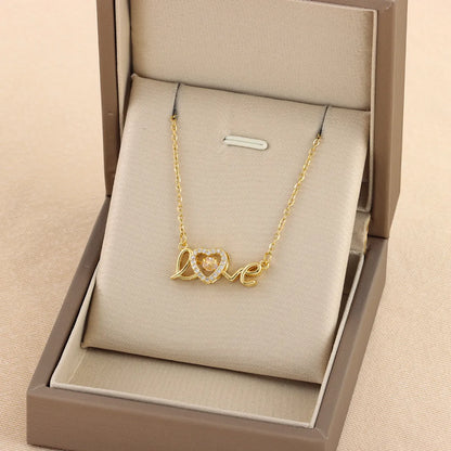 Sweet Love Heart Shape Titanium Steel Plating Hollow Out Inlay Zircon 18k Gold Plated Necklace