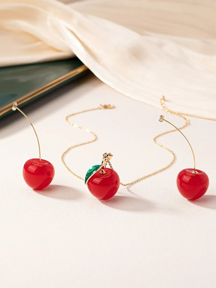 Sweet Pastoral Classic Style Cherry Fruit Resin Gold Plated Women'S Earrings Necklace