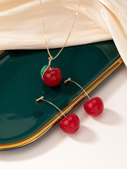 Sweet Pastoral Classic Style Cherry Fruit Resin Gold Plated Women'S Earrings Necklace