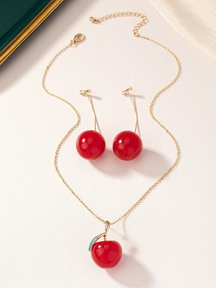 Sweet Pastoral Classic Style Cherry Fruit Resin Gold Plated Women'S Earrings Necklace