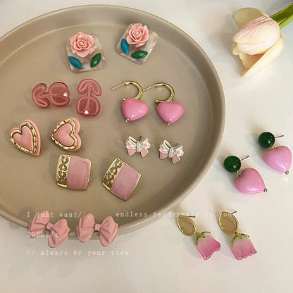 Sweet Peach Heart Shape Flower Arylic Alloy Plating Inlay Artificial Pearls Resin Rhinestones Women's Earrings