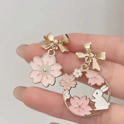 Sweet Rabbit Flower Alloy Asymmetrical Women's Drop Earrings 1 Pair