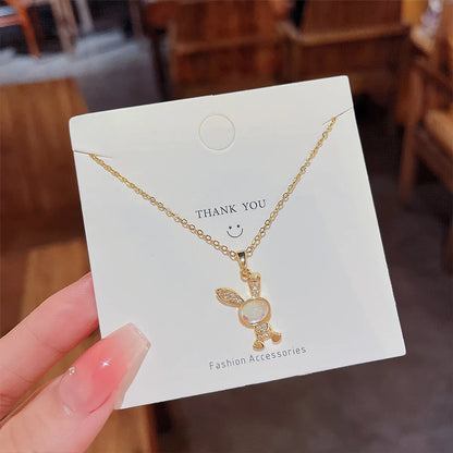 Sweet Rabbit Titanium Steel Plating Inlay Zircon Gold Plated Pendant Necklace