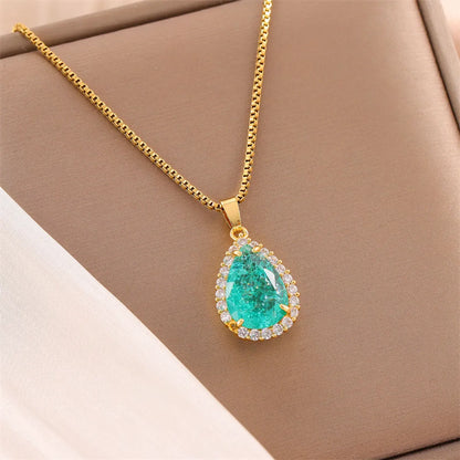 Sweet Round Oval Heart Shape Stainless Steel Plating Inlay Artificial Diamond 18k Gold Plated Pendant Necklace