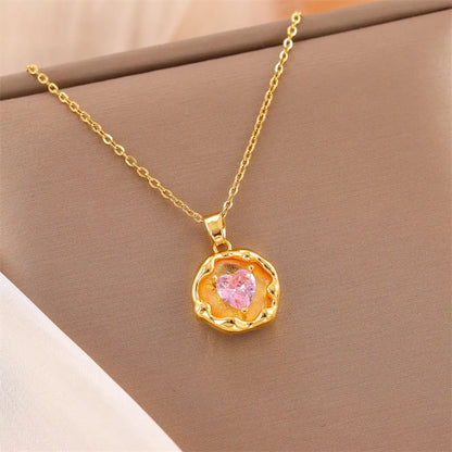 Sweet Round Oval Heart Shape Stainless Steel Plating Inlay Artificial Diamond 18k Gold Plated Pendant Necklace