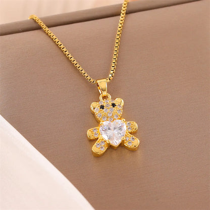 Stainless Steel 18K Gold Plated Sweet Plating Inlay Round Oval Heart Shape Artificial Diamond Pendant Necklace