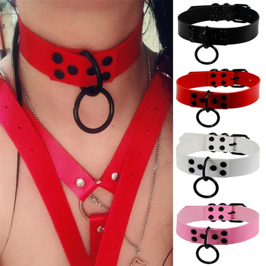 Sweet Round Pu Leather Metal Patchwork Women's Choker