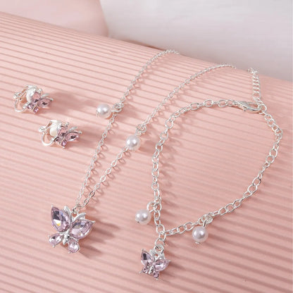 Sweet Shiny Butterfly Alloy Pearl Inlay Rhinestones Girl'S Jewelry Set