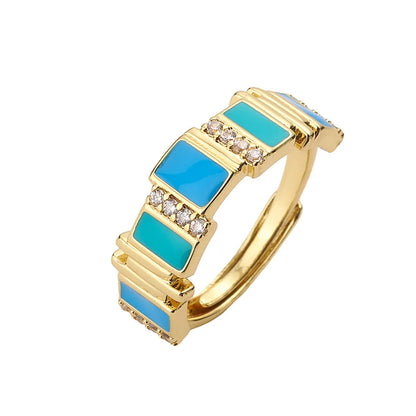 Sweet Shiny Round Copper Enamel Plating Inlay Zircon 18k Gold Plated Open Rings