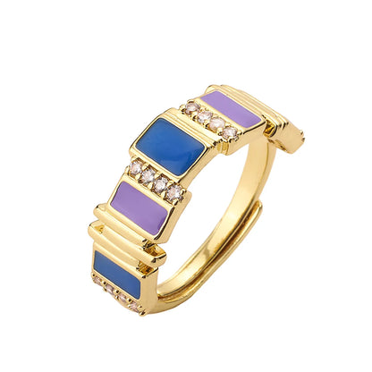 Sweet Shiny Round Copper Enamel Plating Inlay Zircon 18k Gold Plated Open Rings